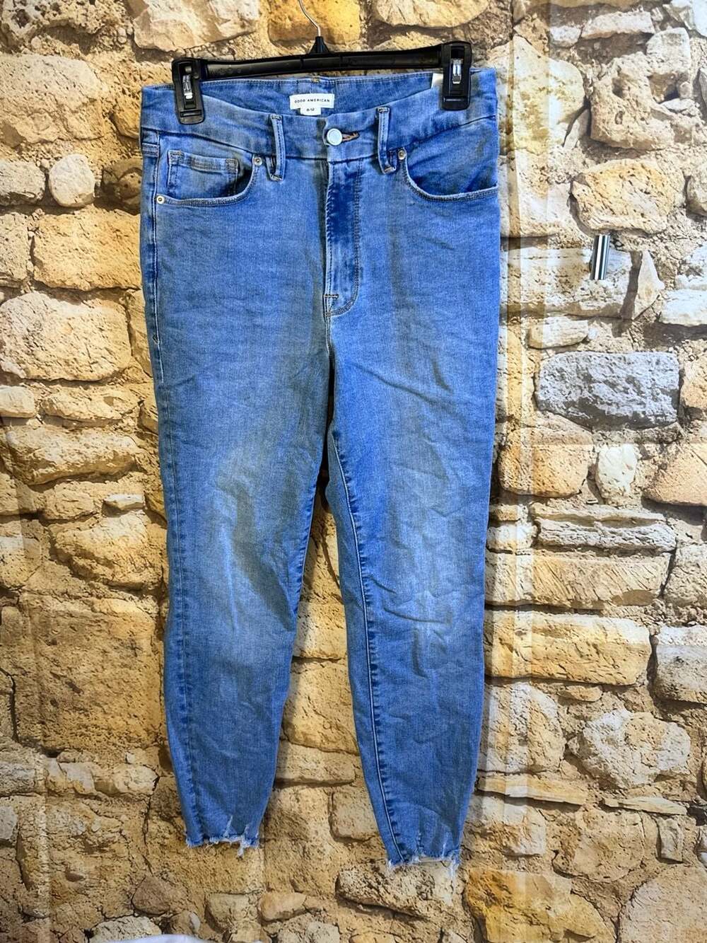 Good American Good Waist Ankle Skinny Jeans Blue Denim Raw Hem Size 6-12